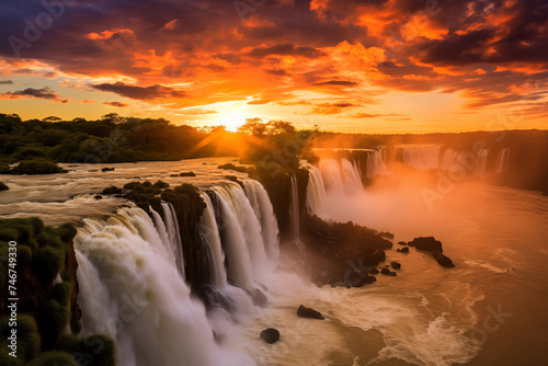 Magnificent Sunset View Over The Majestic Iguazu Waterfall Enveloped By Lush Greenery