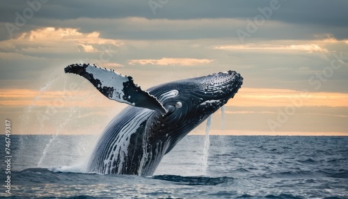the tail of a humpback whale jumping out of the water in front of an orange and blue sky. photo
