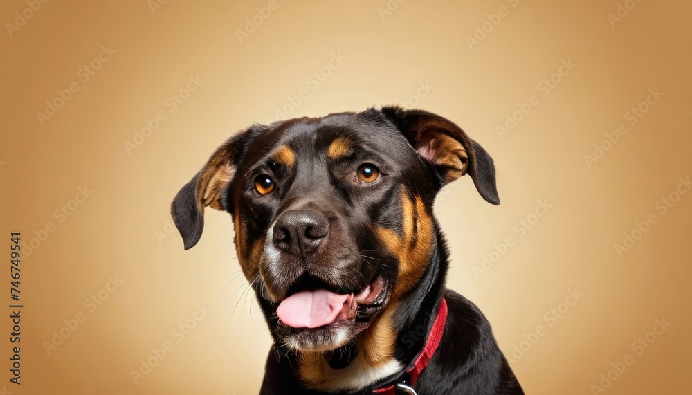 a black and brown dog with a red collar and tongue hanging out of it's mouth looking at the camera. a black and brown dog with a red collar and tongue hanging out of it's mouth looking at the camera.