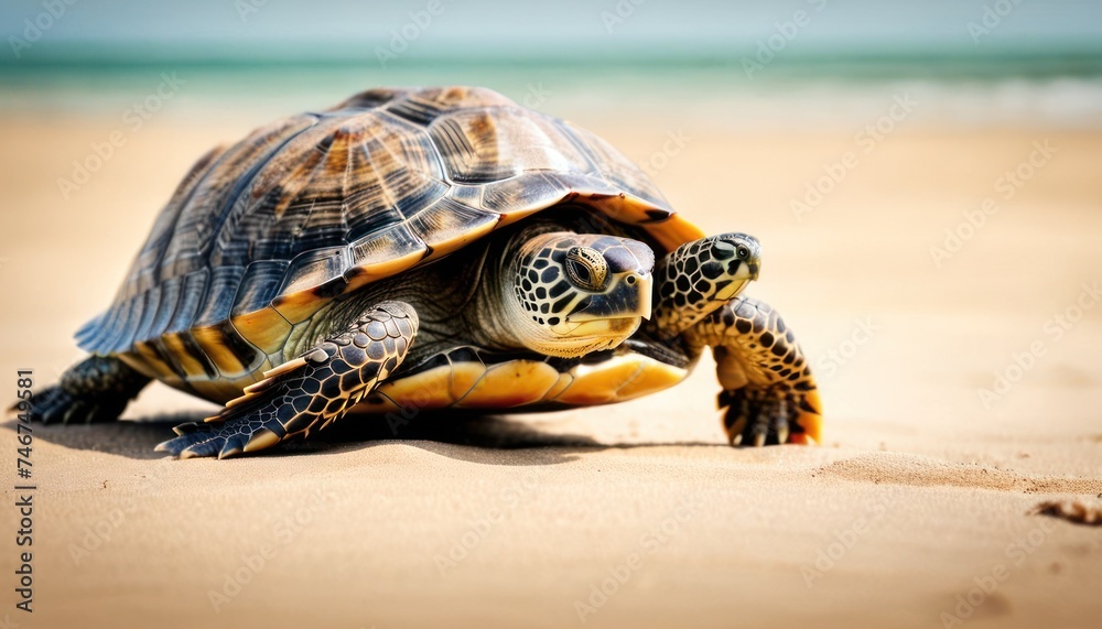a close up of a turtle on a beach with a body of water in the background and a body of water in the foreground.