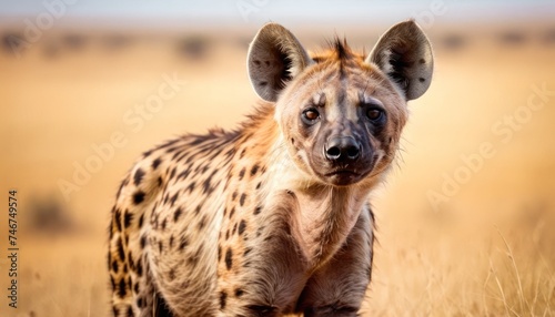 a close up of a hyena in a field of dry grass with a blue sky in the background. photo