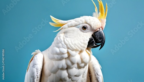 a close up of a white parrot with a yellow mohawk on it's head and yellow feathers on its head.