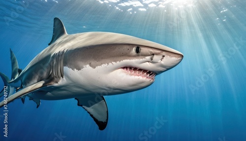 a close up of a shark swimming in a body of water with sunlight shining down on it s face.