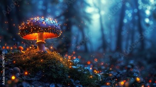 A fantasy forest at night, with mushroom emitting light. Ai generative