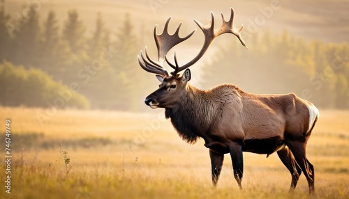 a large elk with large antlers standing in a field of tall grass with trees in the background on a foggy day. photo