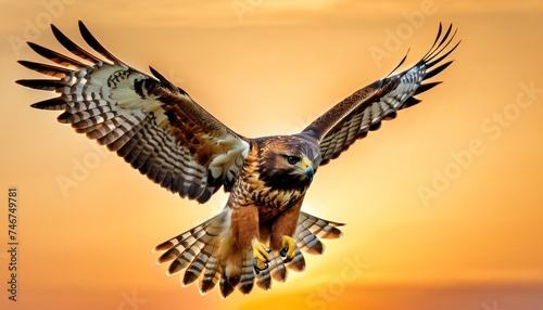 a close up of a bird of prey flying in the air with the sun setting in the distance behind it.