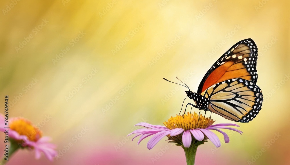 a close up of a butterfly on a flower with a blurry background of pink and yellow flowers in the foreground.