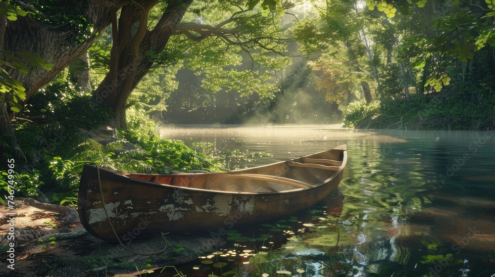 a wooden canoe resting on its side, nestled against a serene lakeside backdrop, evoking a sense of adventure and tranquility. a wooden canoe resting on its side, nestled against a serene lakeside backdrop, evoking a sense of adventure and tranquility.