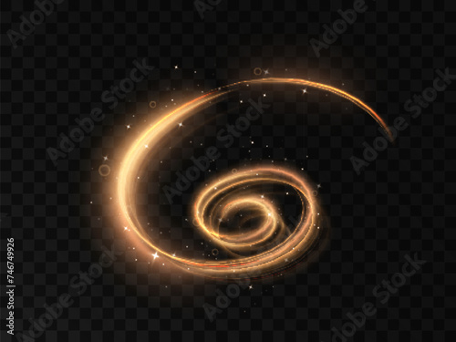 The speed of movement of the light vortex of golden light. A whirlwind of bright golden light. Abstract curved light effect of bright lines. Vector PNG