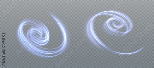The speed of movement of a light vortex of blue light. A whirlwind of bright blue light. Abstract curved light effect of bright lines. Vector PNG