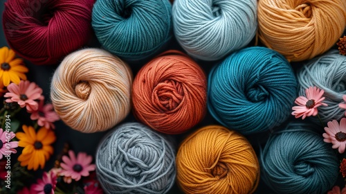 Autumn colors yarn balls background, web banner. Many earthy tones yarn threads for knitting. Ai generative