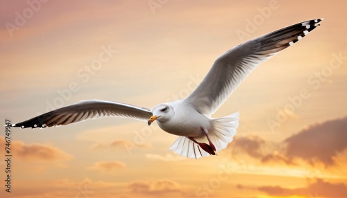 a seagull flying in the air with its wings spread wide in front of a colorful sky with clouds. © Mikus