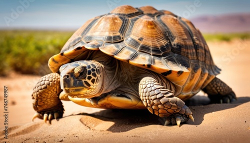 a close up of a turtle on a sandy surface with grass in the back ground and a blue sky in the background.