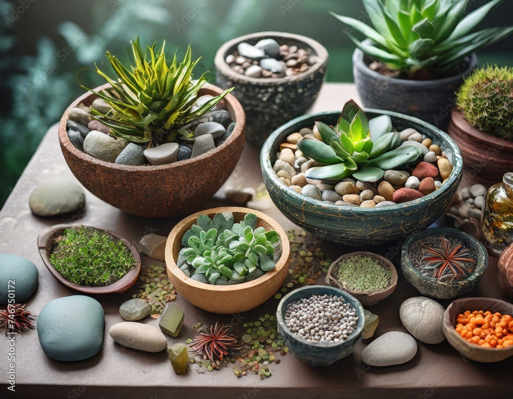 A table topped with bowls filled with lots of different types of plants