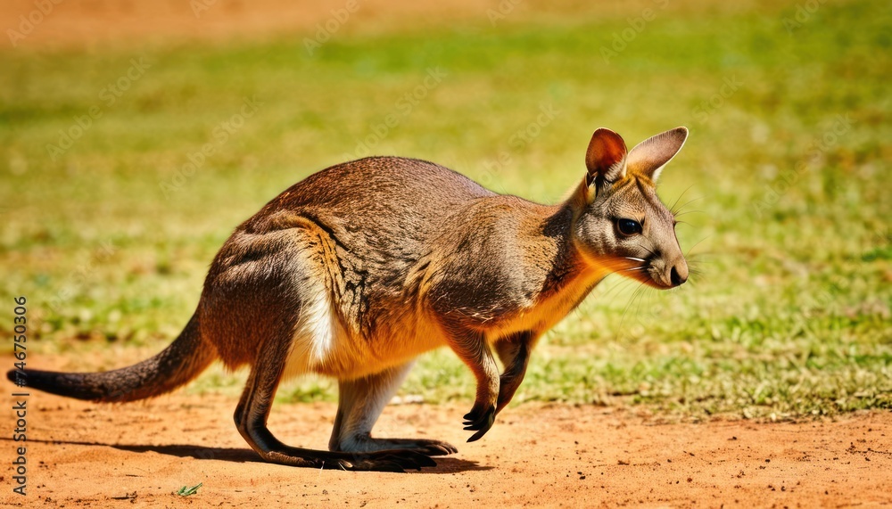 a close up of a kangaroo on a field of grass with a dirt ground and grass area in the background.
