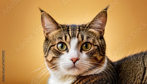 a close up of a cat with a brown and white stripe on it's face and a yellow background.