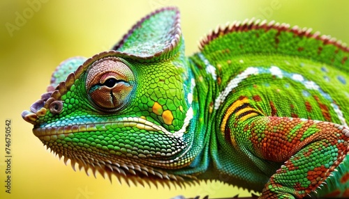 a close up of a green chamelon on a branch with a yellow and red stripe on it's head. © Mikus