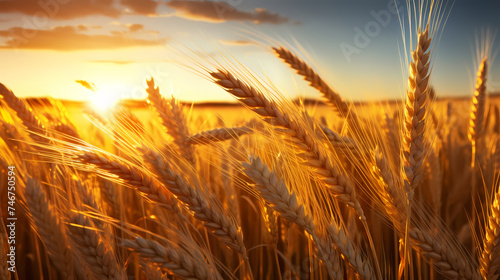 Close-up of a wheat field with sunlight shining through the ears in the foreground © jiejie