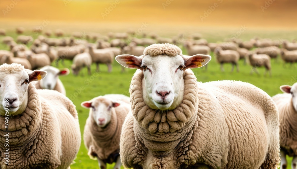 Obraz premium a herd of sheep standing next to each other on a lush green field with a yellow sky in the background.