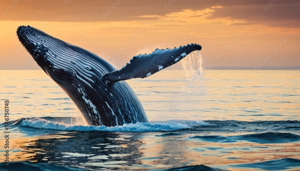 Fototapeta premium a humpback whale is jumping out of the water at sunset or dawn, with it's tail sticking out of the water.