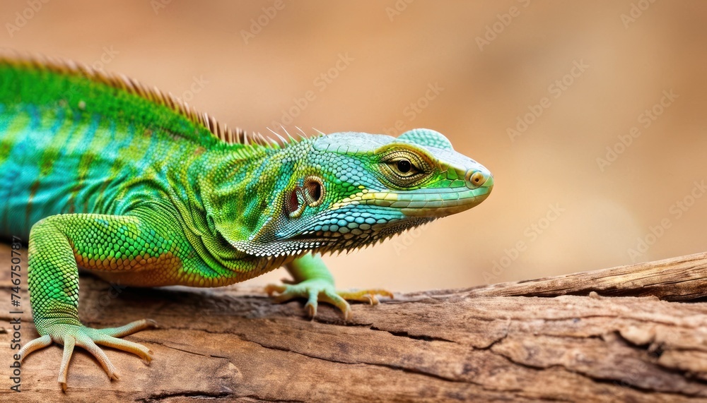 Fototapeta premium a close up of a green and blue lizard on a tree branch with a blurry back ground in the background.