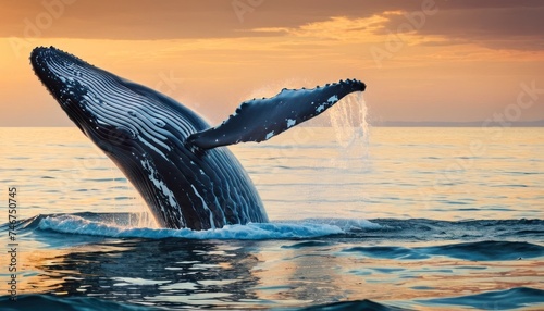 a humpback whale is jumping out of the water at sunset or dawn, with it's tail sticking out of the water. © Mikus