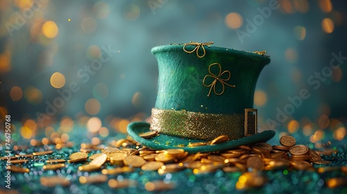 St. Patrick's Day background. St Patrick's Day hat with gold coins on green background. Holiday banner, web poster, flyer, stylish brochure, greeting card. Ai generative