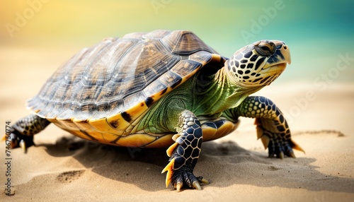 a close up of a turtle on a beach with a blue sky in the back ground and a blue sky in the background.
