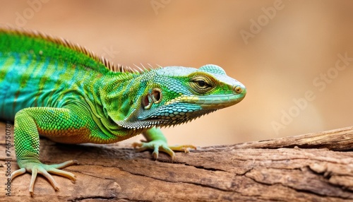 a close up of a green and blue lizard on a tree branch with a blurry back ground in the background.