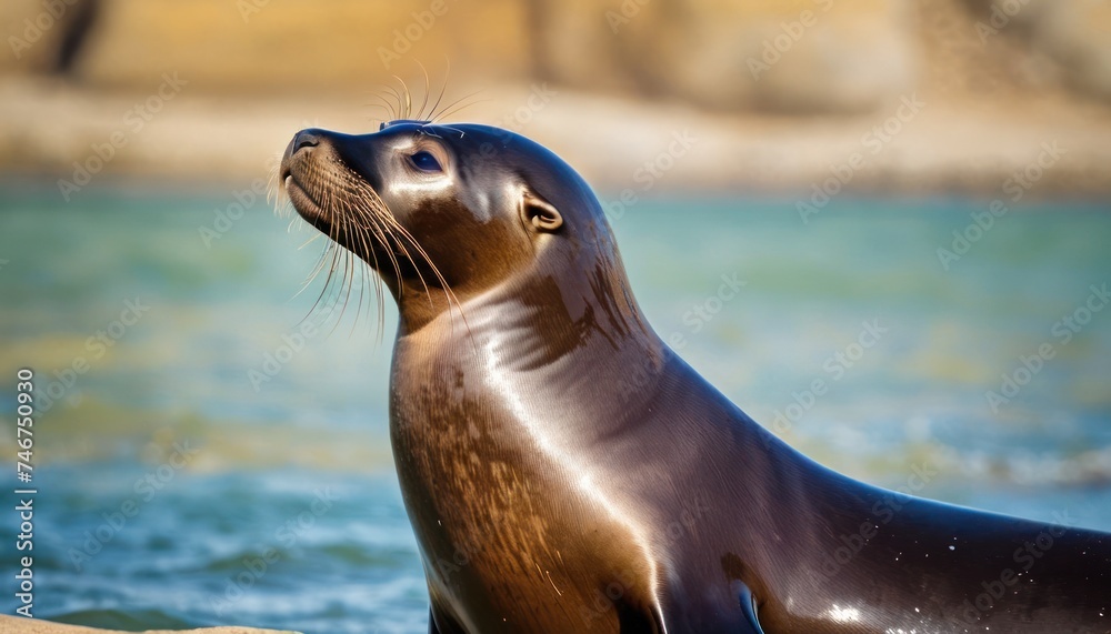 Obraz premium a seal sitting on top of a sandy beach next to a body of water with a tree in the background.