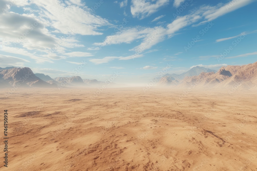 A vast, arid desert landscape with sandy dunes and distant mountains under a clear blue sky, illustrating the effects of extreme drought and land degradation.

