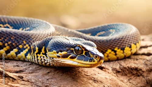 a close up of a blue and yellow snake on a tree branch with a blurry back ground in the background.
