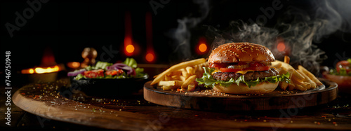 Tasty and fresh cheeseburger with french fries  cheese  lettuce and vegetables on a dark background with smoke  fire and ingredients. Commercial street food photography concept.