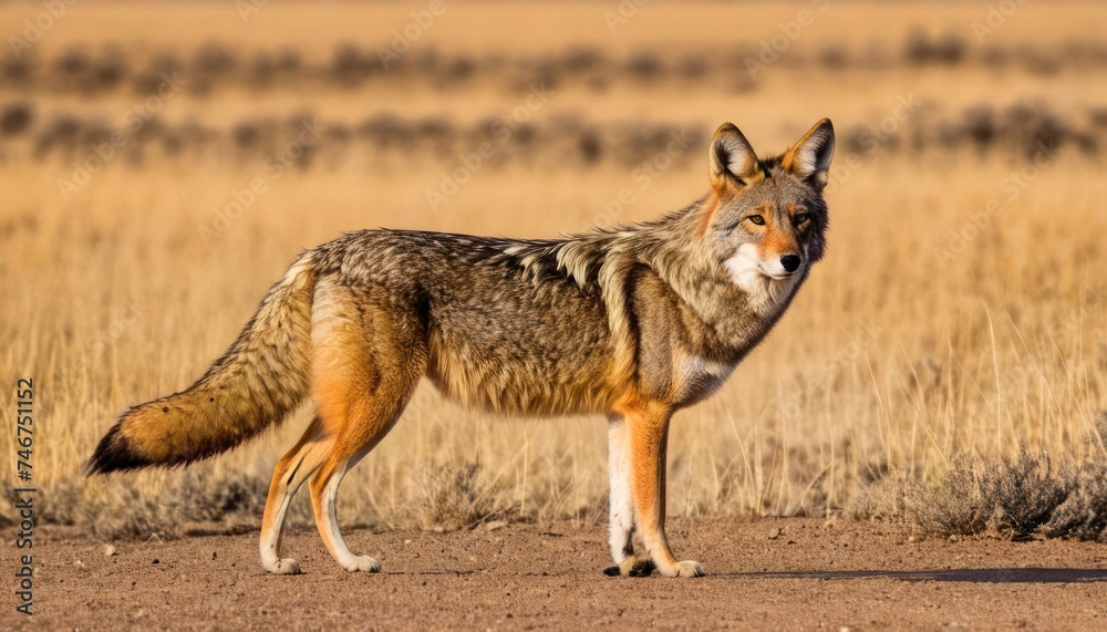 Obraz premium a close up of a fox on a dirt ground near a field with dry grass and bushes in the background.