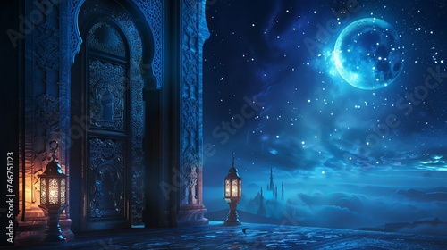 Islamic Ramadan greetings in a galaxy sky background with an ornate door