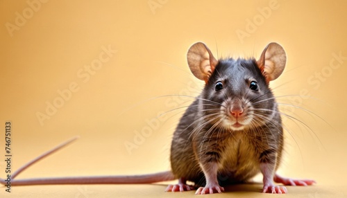 a rat sitting on top of a table next to a mouse on a yellow background with a mouse tail sticking out of the top of the rat.
