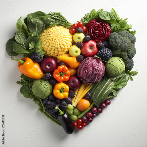 Heart shape made from various vegetables  fruits and berries. Healthy eating concept. Harvesting.
