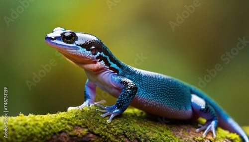 a blue and black lizard sitting on top of a green moss covered tree branch with a blurry back ground behind it.