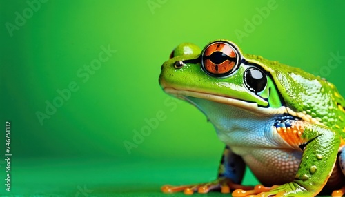 a green frog with a red and black eye patch on it's face, sitting on a green surface.