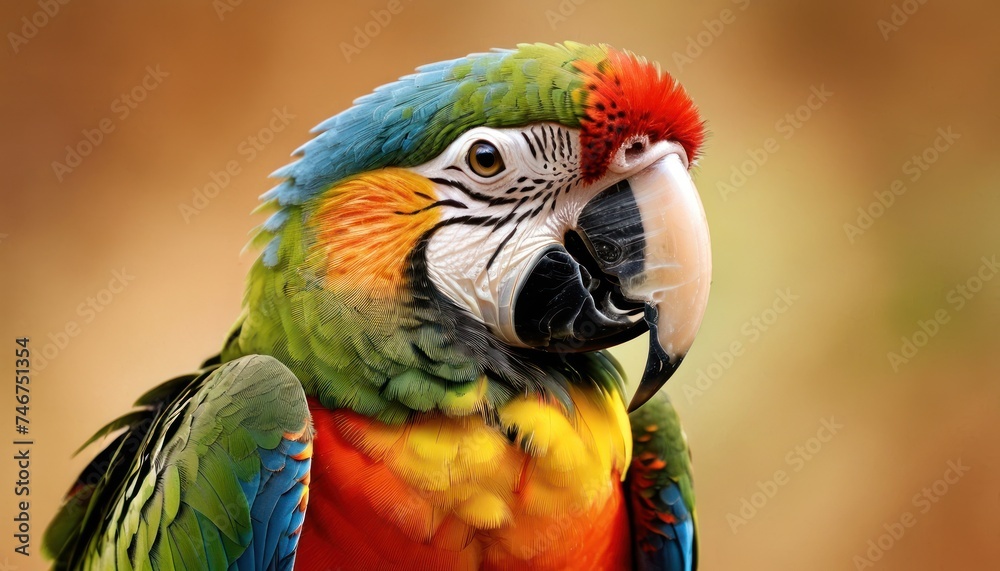 a multicolored parrot sitting on top of a tree branch in front of a brown and tan background with a green, red, yellow, orange, and blue, and black, and white parrot.