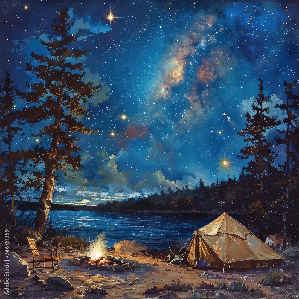 An enchanting artwork of a serene lakeside camping scene under a breathtaking starry night sky with a glowing campfire generative ai
