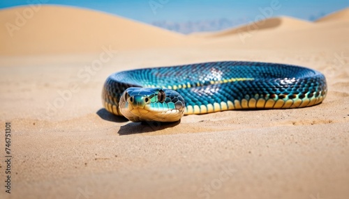 a large blue snake laying on top of a sandy beach next to a blue and yellow snake on top of a sandy beach. photo