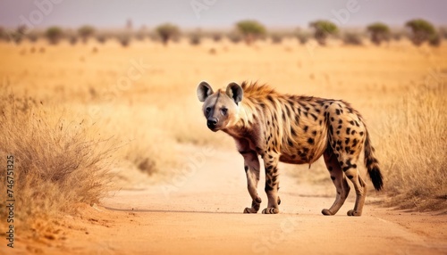 a spotted hyena stands in the middle of a dirt road in front of a herd of wildebeest.
