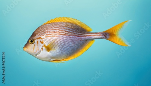 a small yellow and white fish swimming in a blue body of water with a light blue sky in the background.