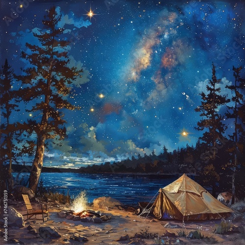 An enchanting artwork of a serene lakeside camping scene under a breathtaking starry night sky with a glowing campfire generative ai  © Montri