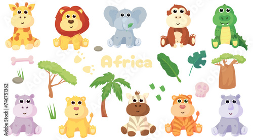 Cute flat vector illustration with African animalsand plants: giraffe,crocodile,monkey, lion,tiger,zebra,rhinoceros,elephant,hippopotamus. and palms