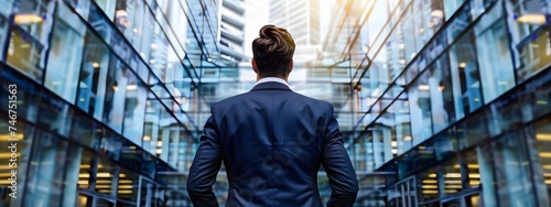 A back view of an smart man in a business suit is leaving his business building in an unknown city at night with soft lighting, investor people, investment business and finance