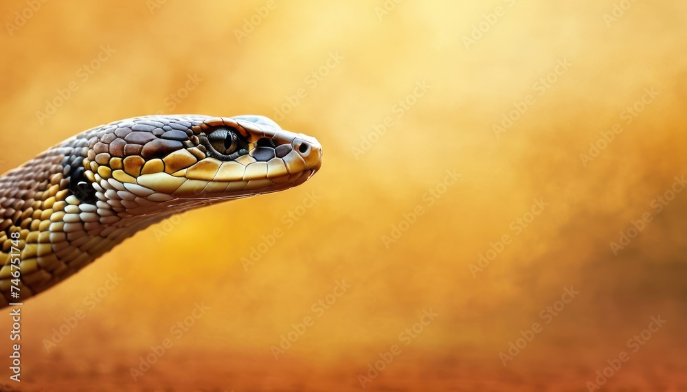 Fototapeta premium a close up of a snake's head on a yellow and brown background with a blurry light behind it.