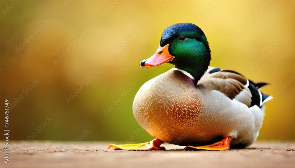 a duck sitting on top of a wooden floor next to a green and yellow background with a blurry background. a duck sitting on top of a wooden floor next to a green and yellow background with a blurry background.