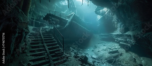 A set of stairs leads down into an underwater cave, surrounded by mesmerizing mines and shallow depths. The scene is captured with stunning depth of field, highlighting the dangerous and mysterious